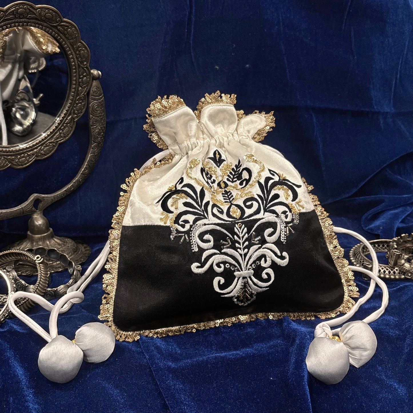 Black & white hand embroidered potli