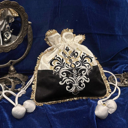 Black & white hand embroidered potli
