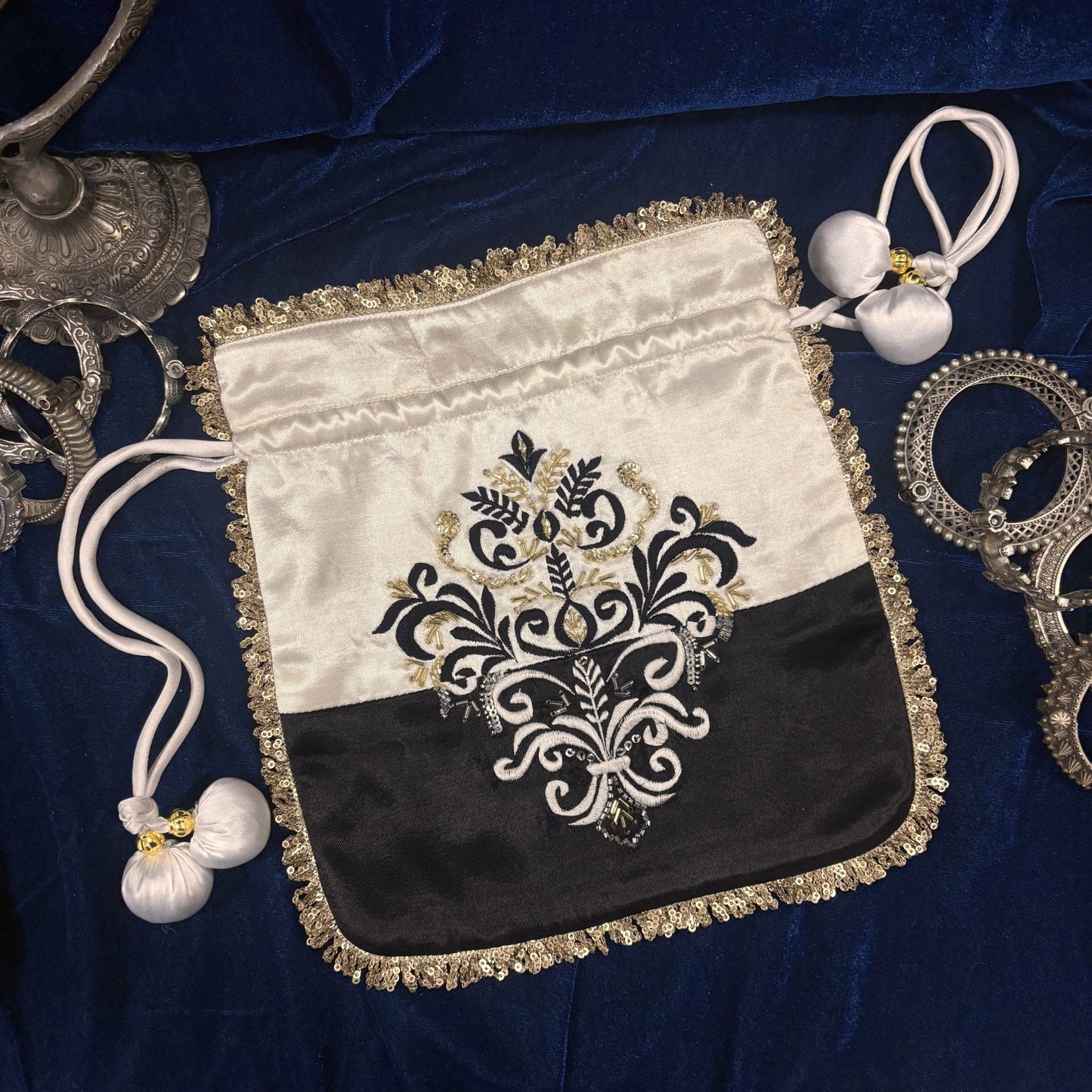 Black & white hand embroidered potli