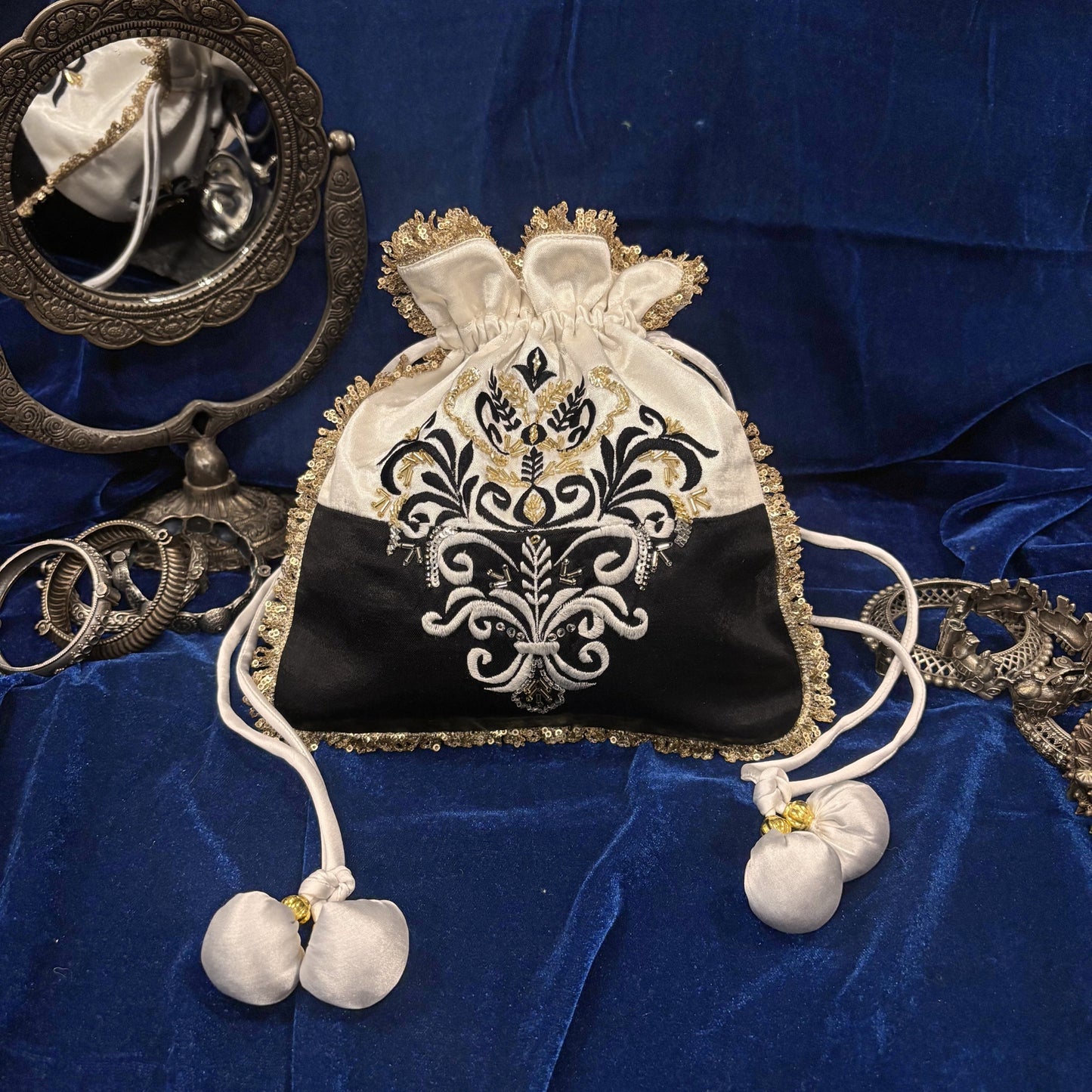 Black & white hand embroidered potli