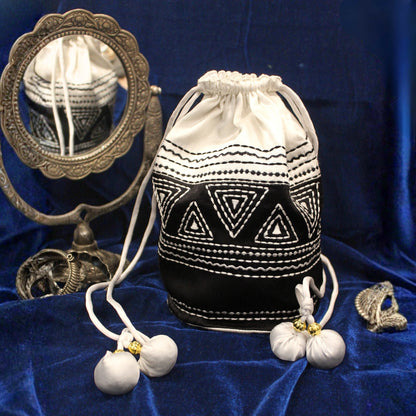 Black & white hand embroidered potli