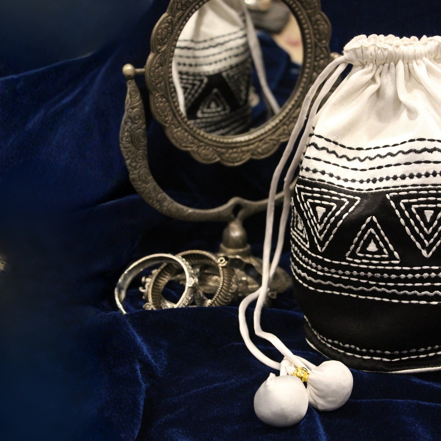Black & white hand embroidered potli