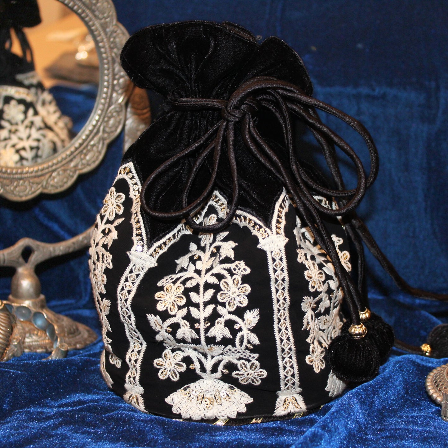 Black velvet embroidered Potli