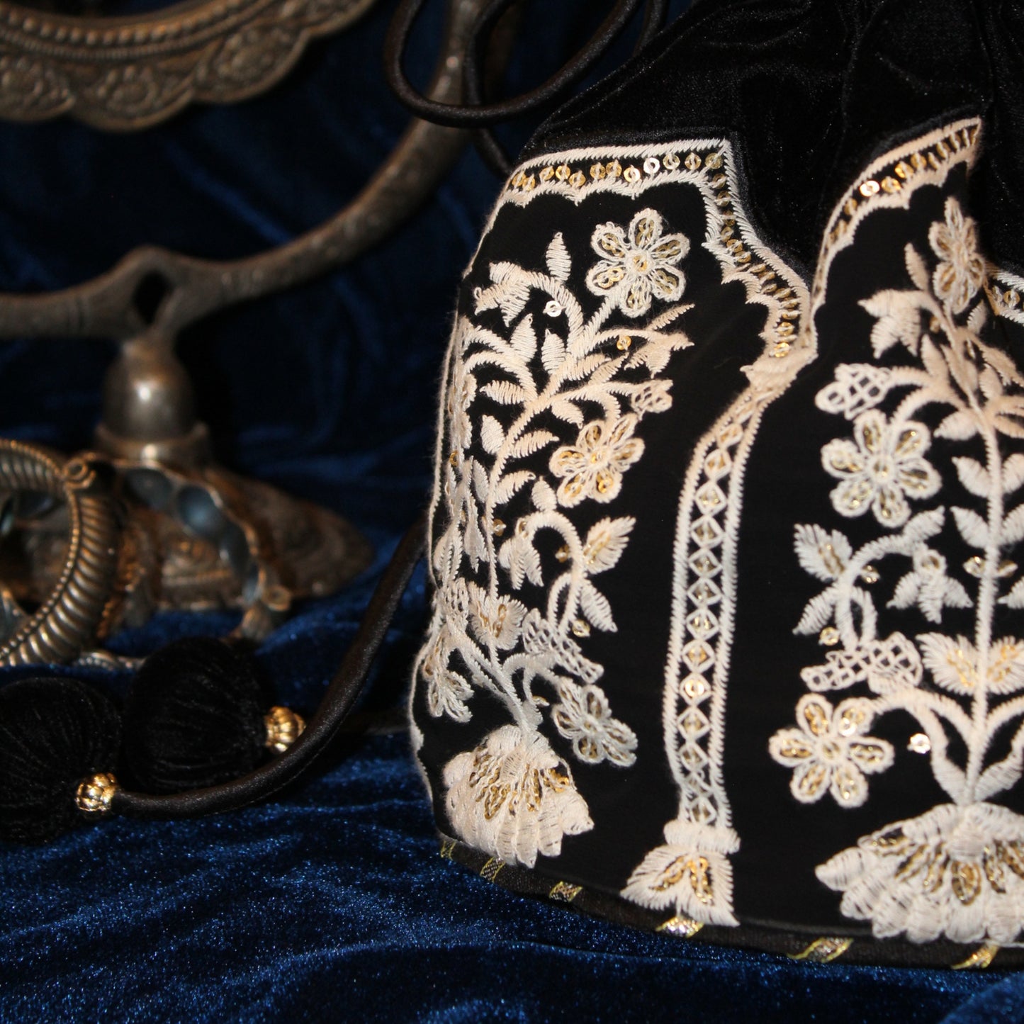 Black velvet embroidered Potli