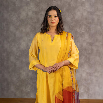 Yellow Chanderi Hand Embellished A-line Kurta set with Dupatta