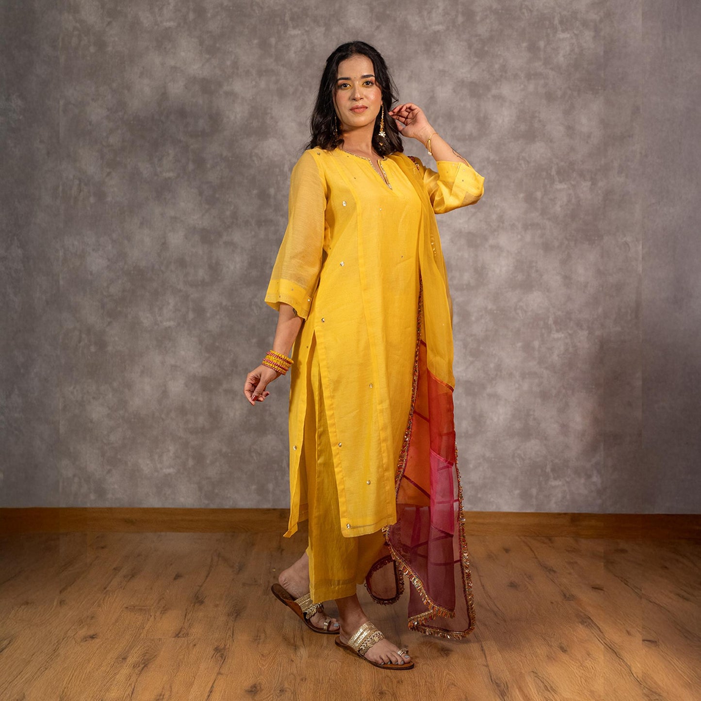 Yellow Chanderi Hand Embellished A-line Kurta set with Dupatta