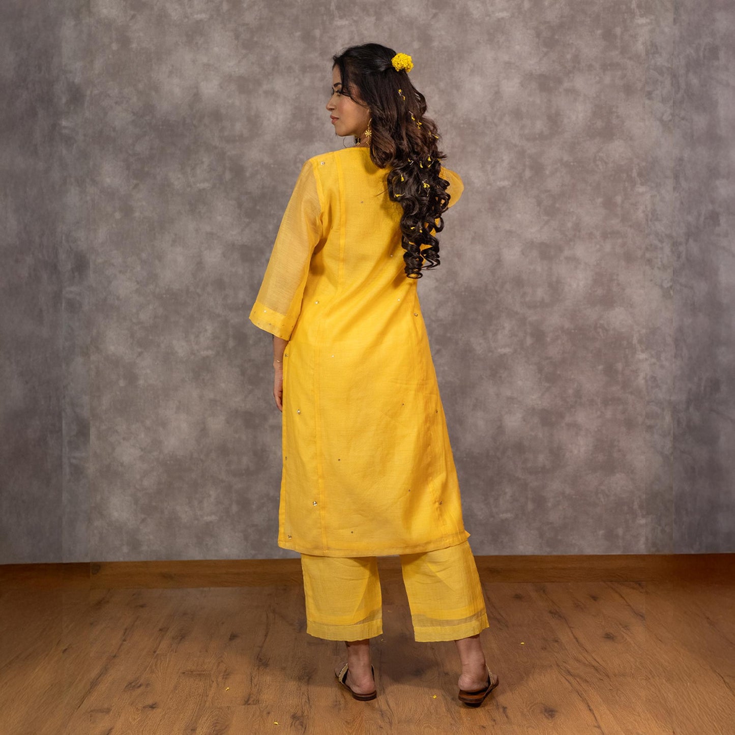 Yellow Chanderi Hand Embellished A-line Kurta set with Dupatta