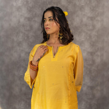 Yellow Chanderi Hand Embellished A-line Kurta set with Dupatta