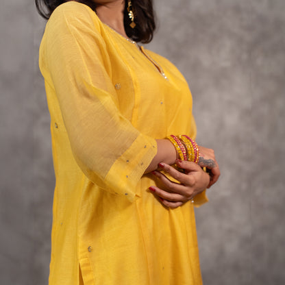 Yellow Chanderi Hand Embellished A-line Kurta set with Dupatta