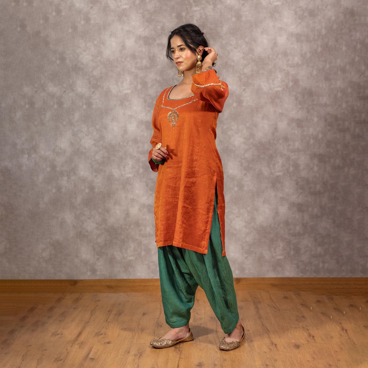 Orange Tissue Chanderi kurta set with Contrast Salwar and matching Dupatta