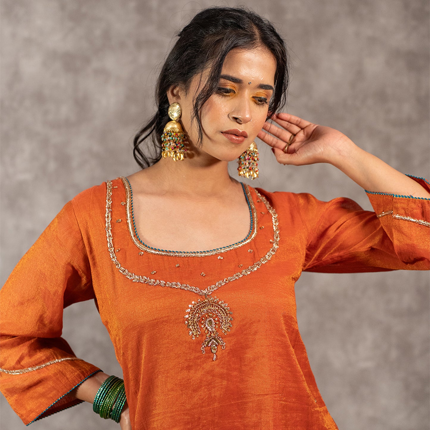 Orange Tissue Chanderi kurta set with Contrast Salwar and matching Dupatta