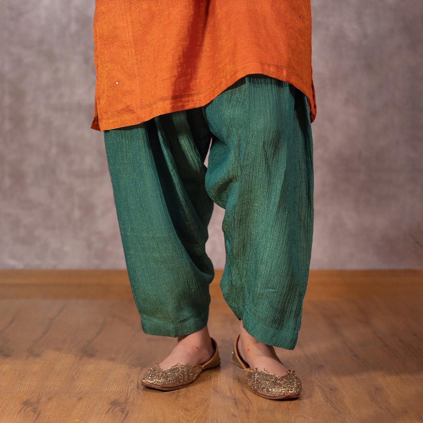 Orange Tissue Chanderi kurta set with Contrast Salwar and matching Dupatta