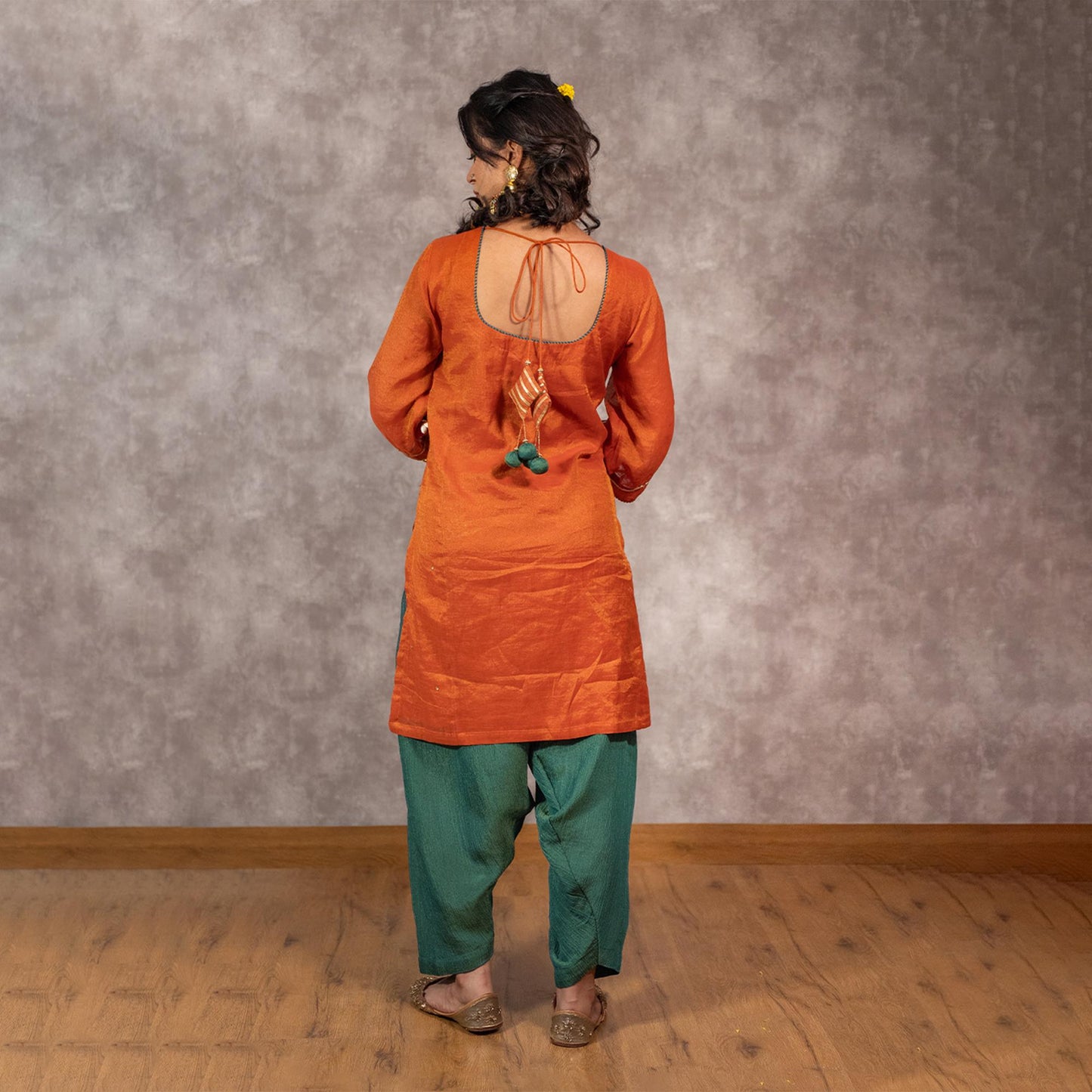 Orange Tissue Chanderi kurta set with Contrast Salwar and matching Dupatta