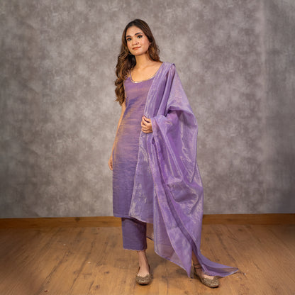 Purple Tissue Chanderi Tonal Kurta set with Dupatta