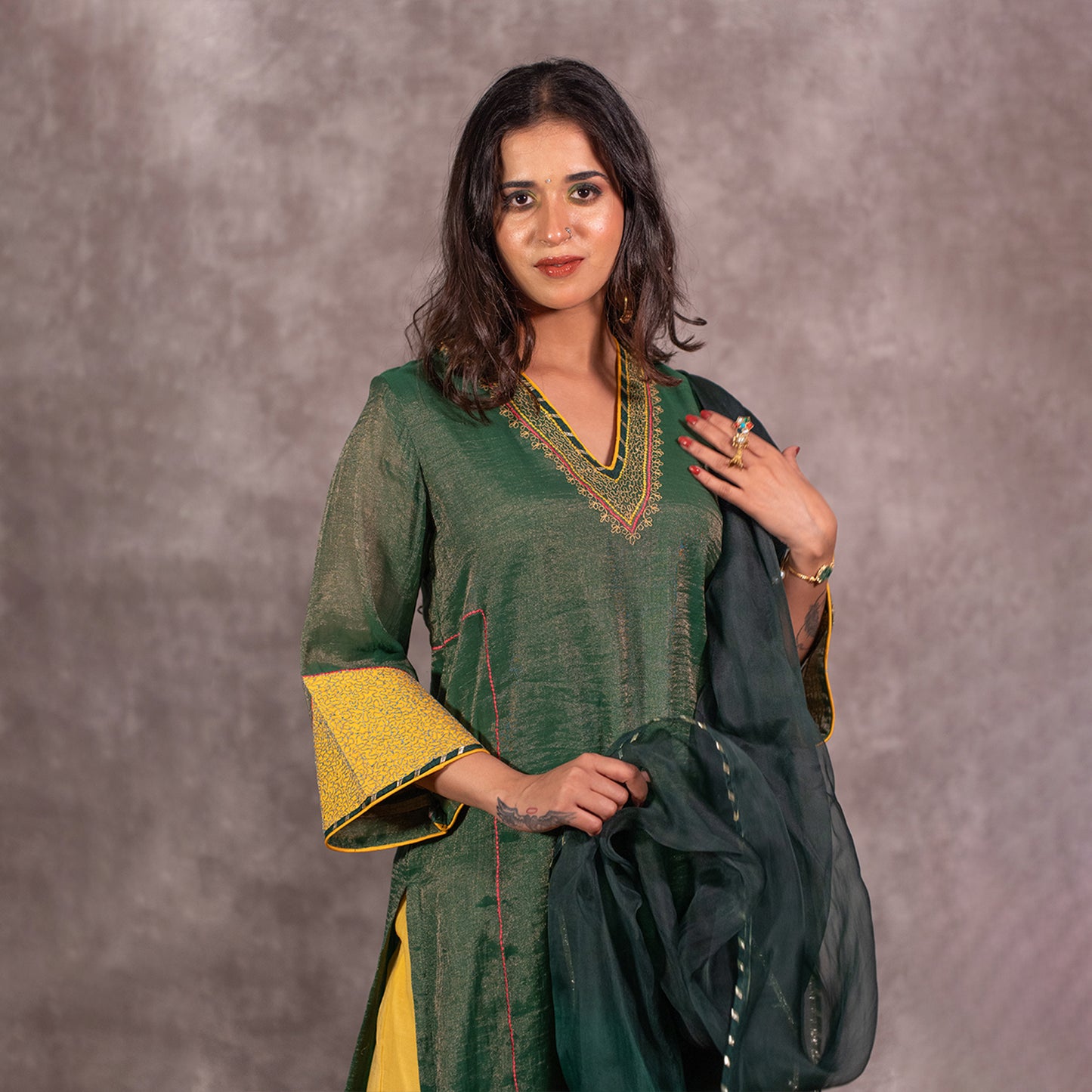 Dark green Tissue Chanderi Kurta set with matching dupatta
