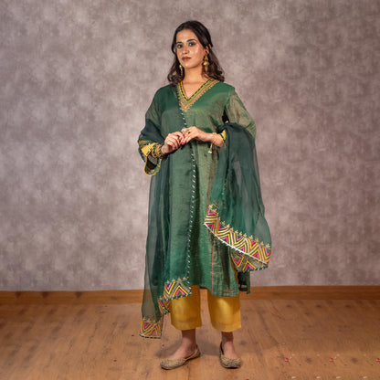 Dark green Tissue Chanderi Kurta set with matching dupatta