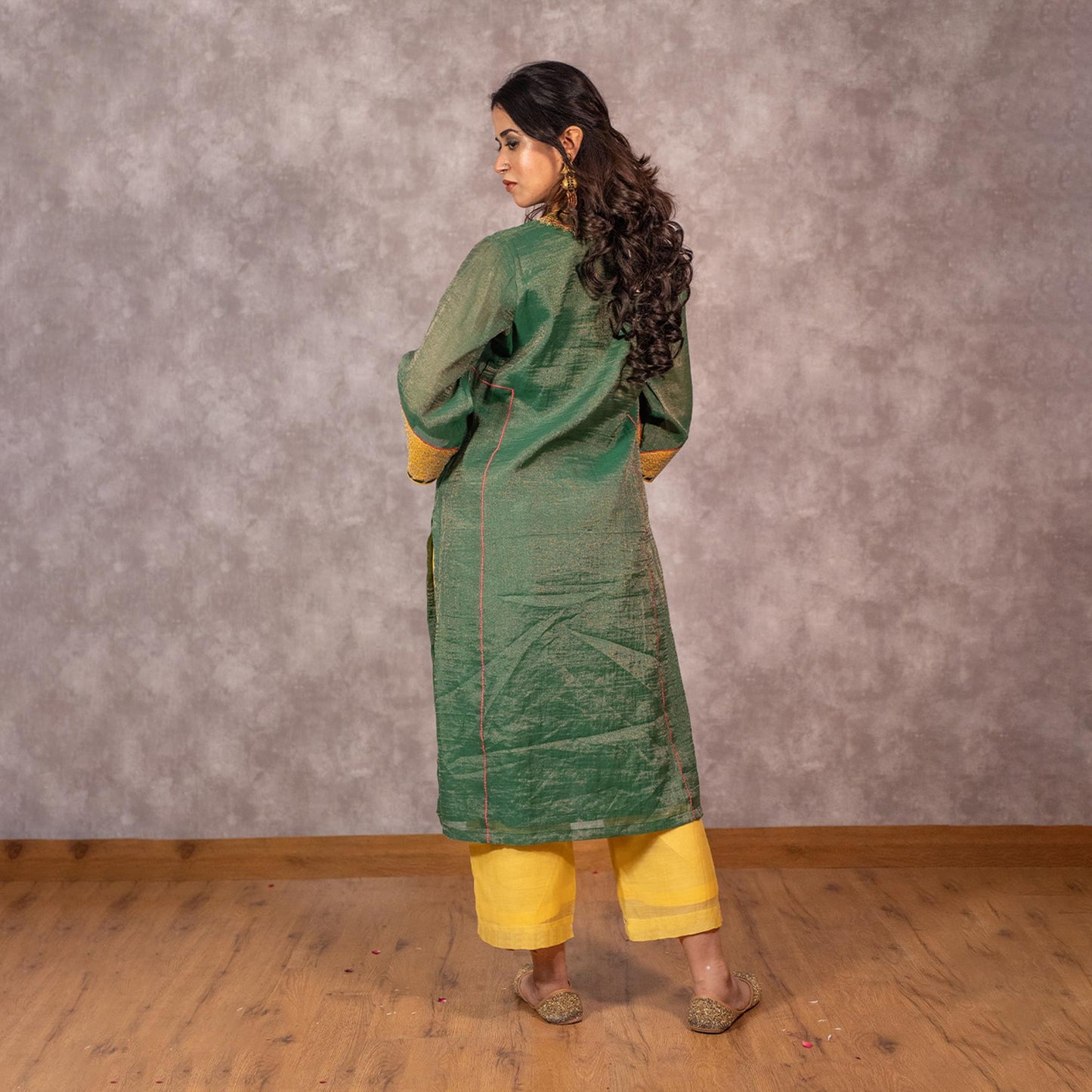 Dark green Tissue Chanderi Kurta set with matching dupatta