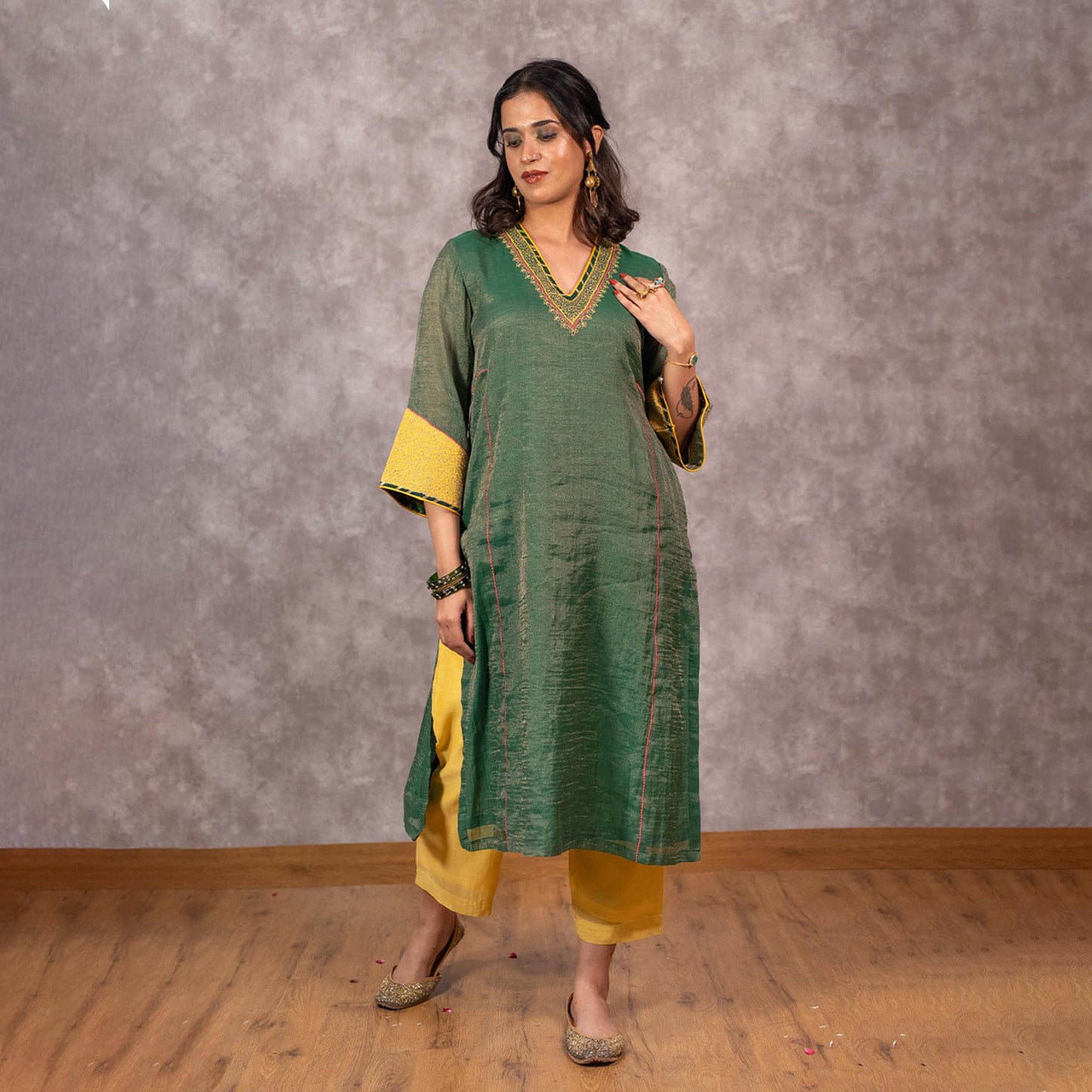 Dark green Tissue Chanderi Kurta set with matching dupatta