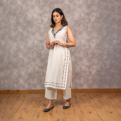 White Chanderi Mirrorwork embroidered Kurta set with Dupatta