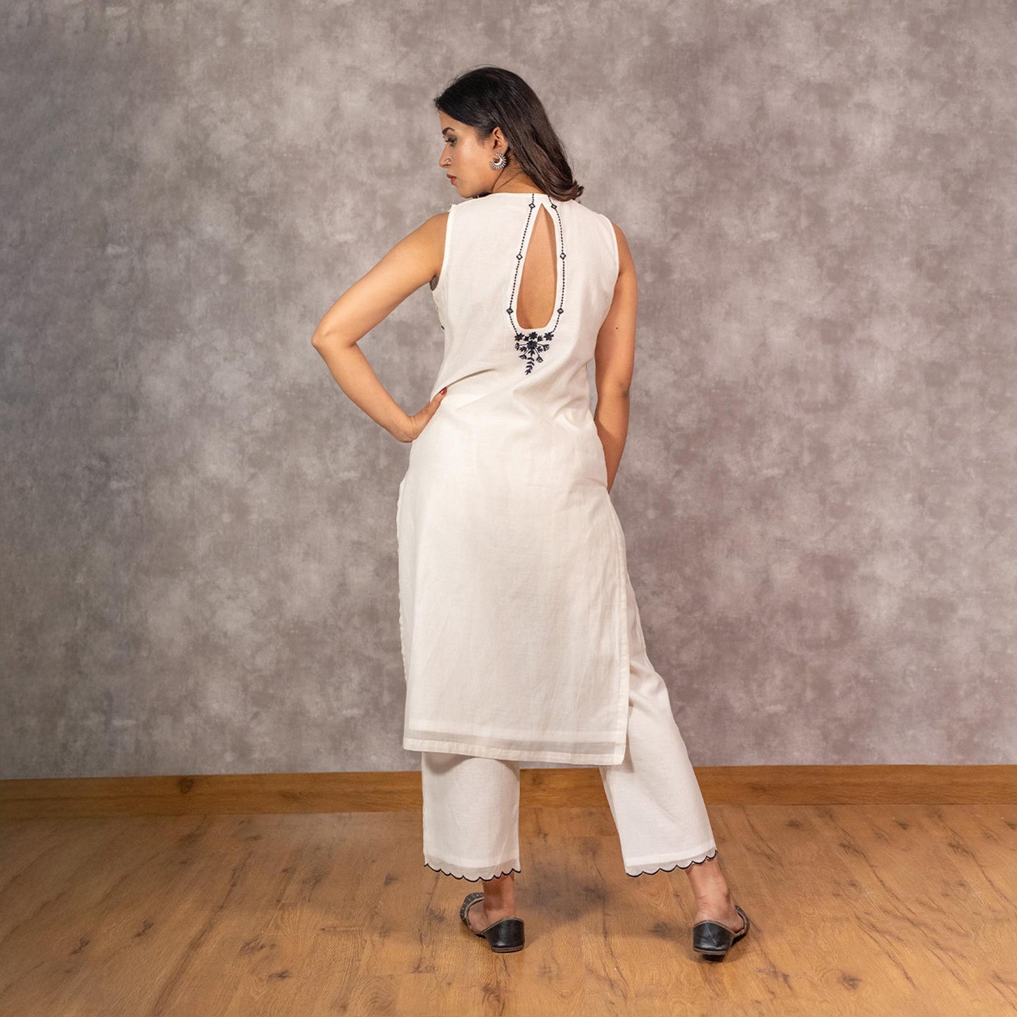 White Chanderi Mirrorwork embroidered Kurta set