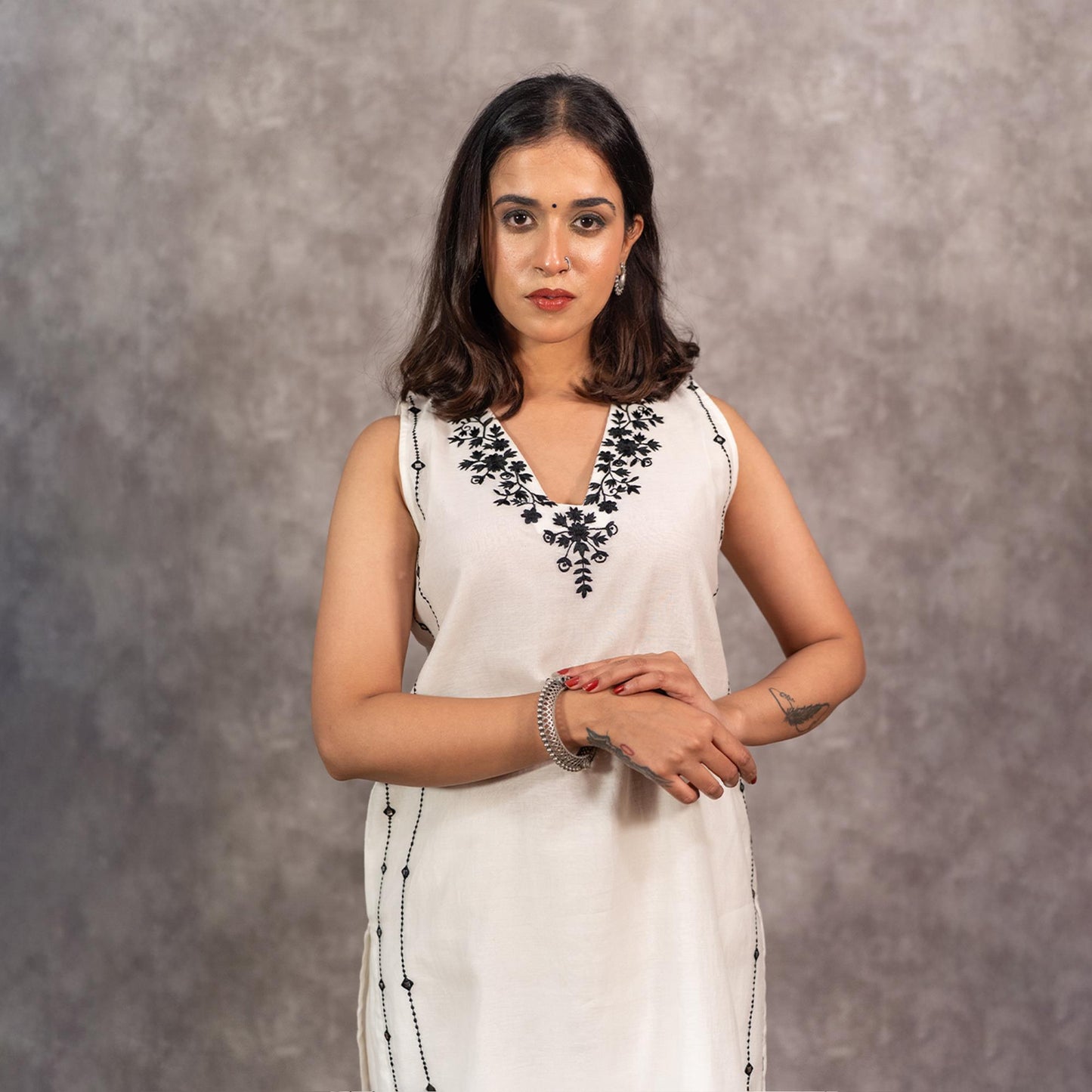 White Chanderi Mirrorwork embroidered Kurta set