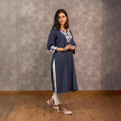 Navy Kantha Cotton Kurta set with White Pants