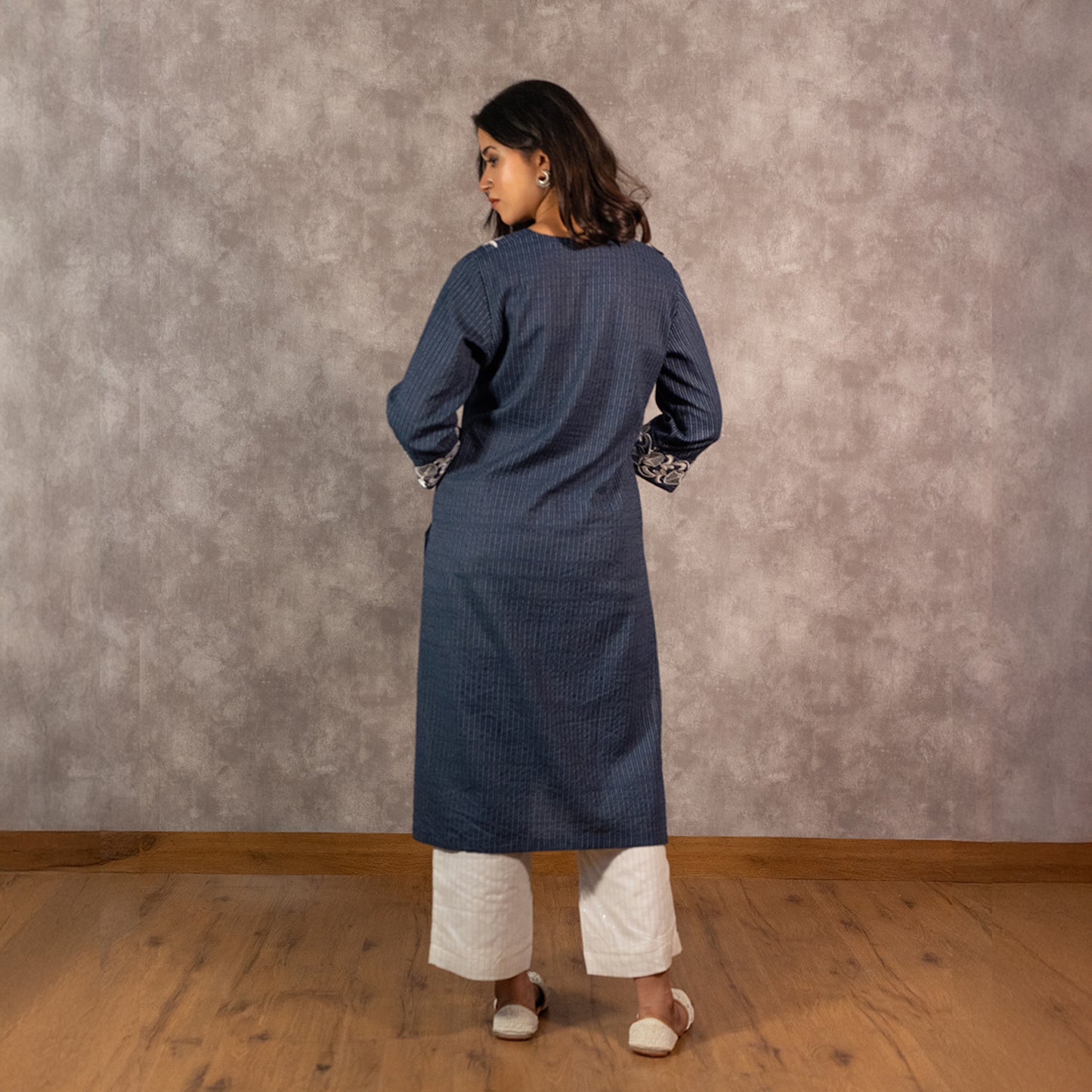 Navy Kantha Cotton Kurta set with White Pants