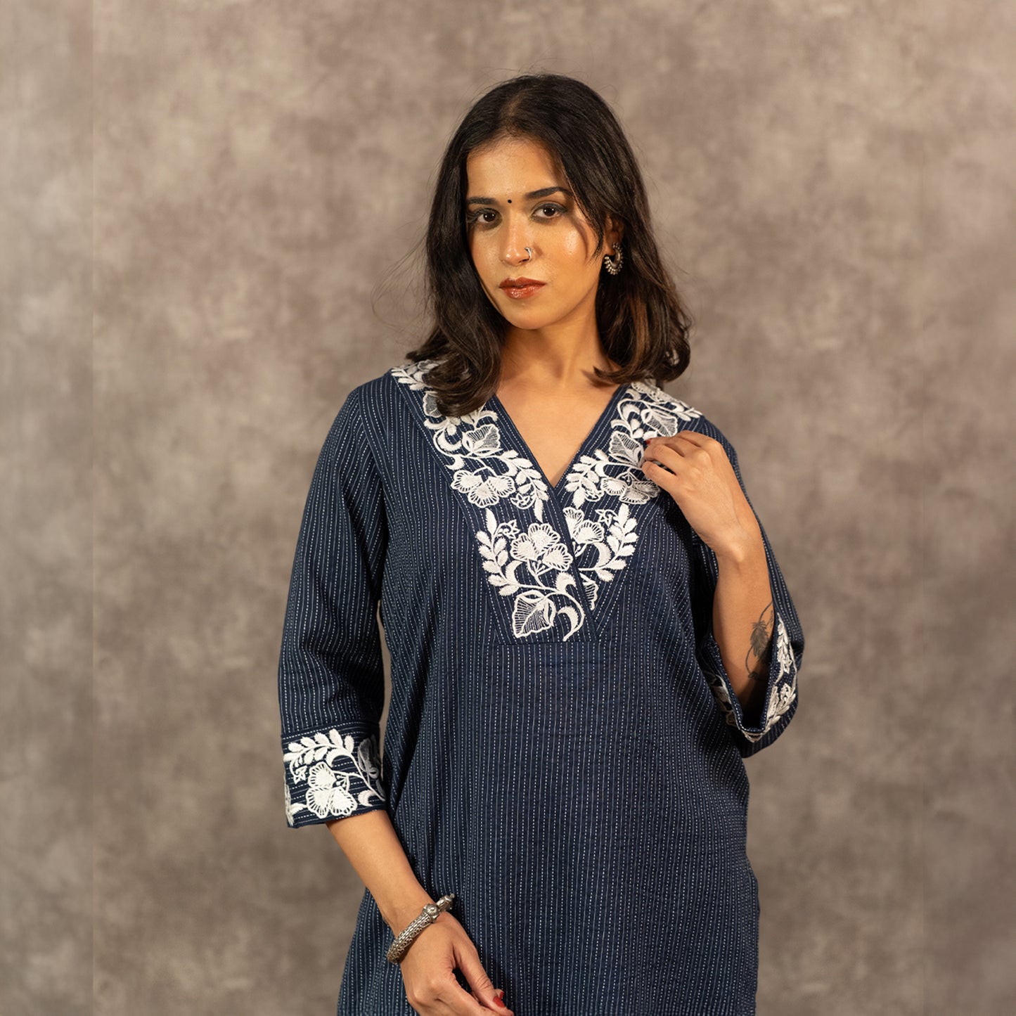 Navy Kantha Cotton Kurta set with White Pants
