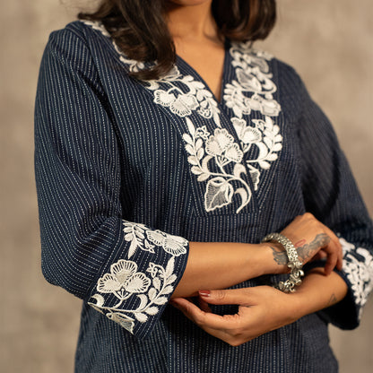 Navy Kantha Cotton Kurta set with White Pants