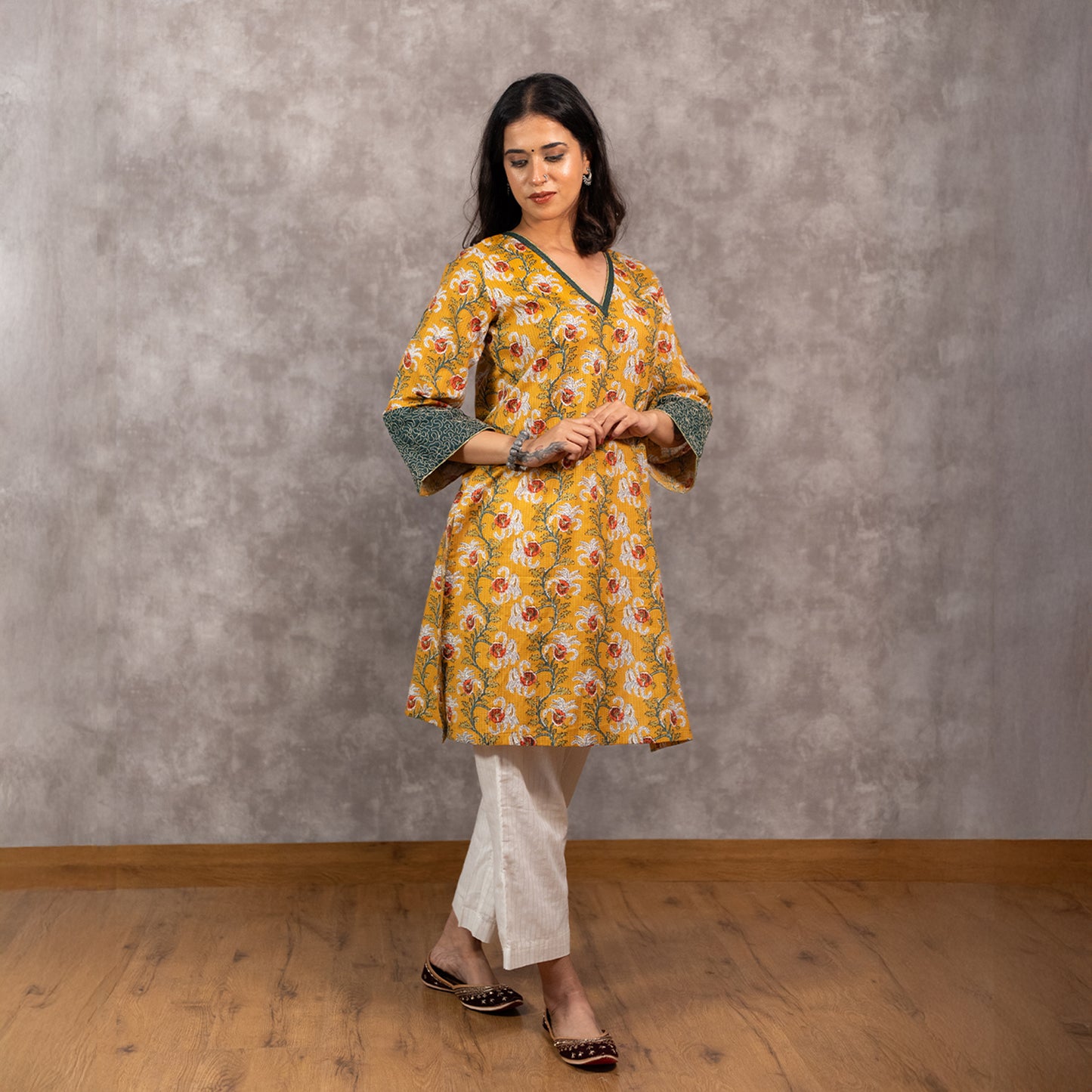 Yellow Kantha Textured Printed kurta Set