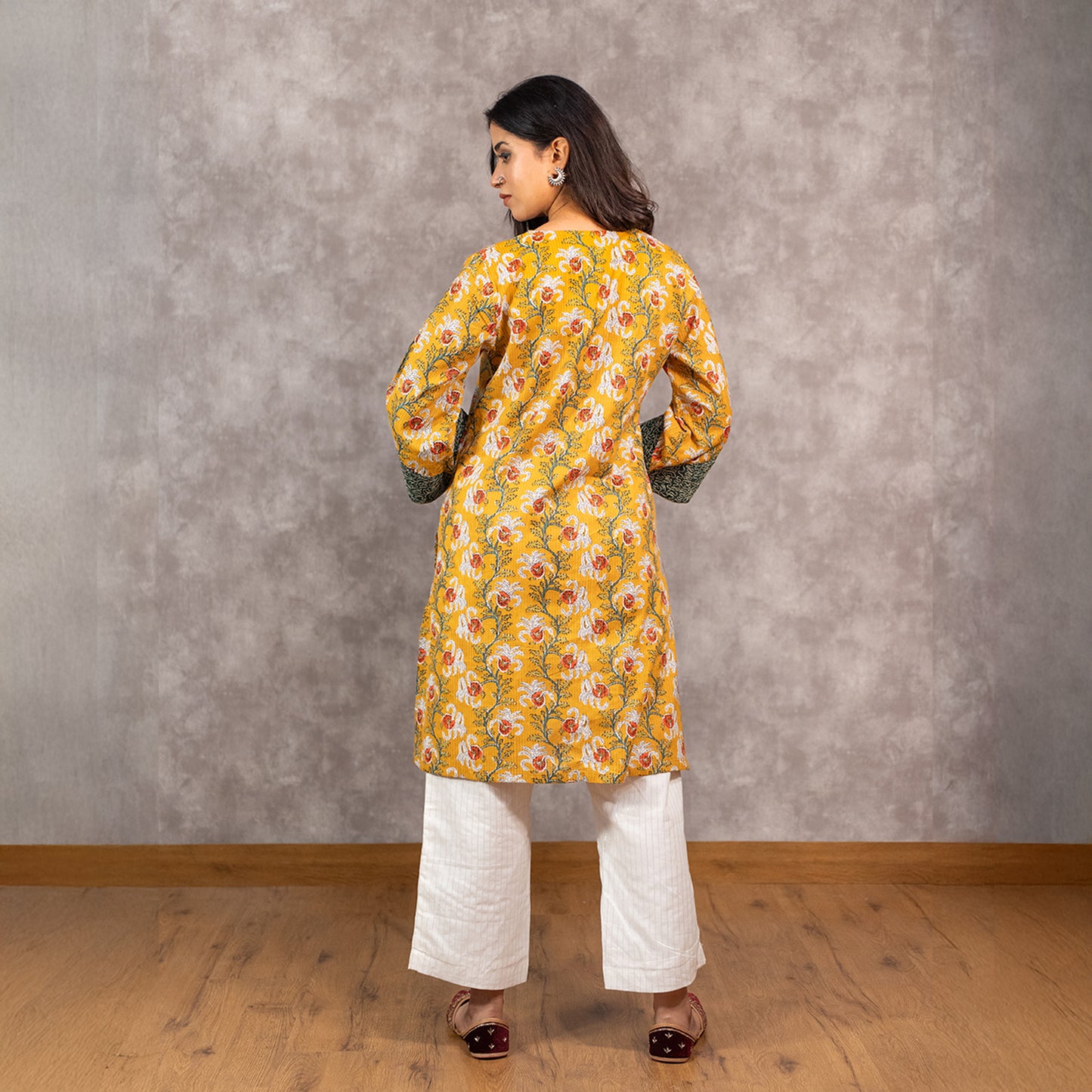 Yellow Kantha Textured Printed kurta Set