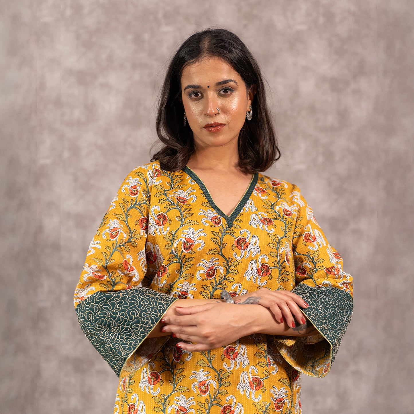 Yellow Kantha Textured Printed kurta Set
