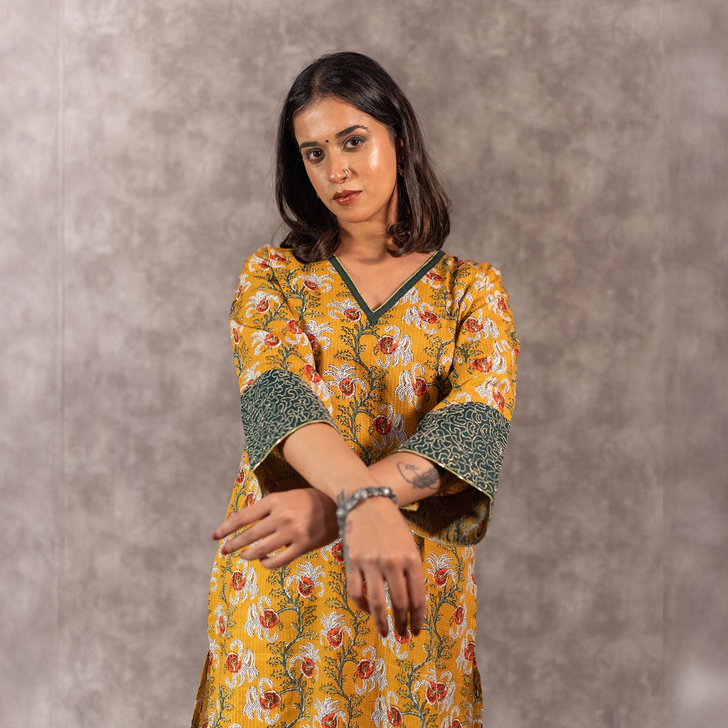 Yellow Kantha Textured Printed kurta Set