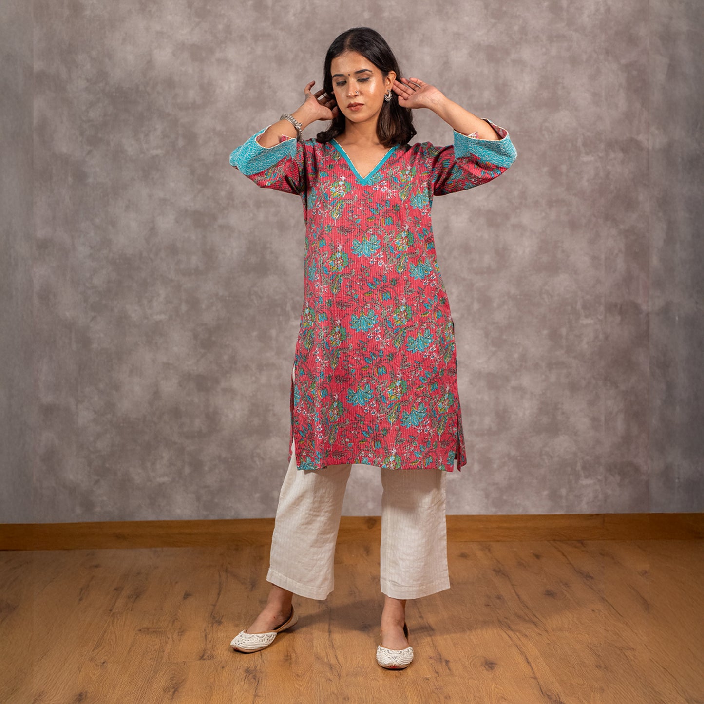Pink Kantha Textured Printed kurta Set