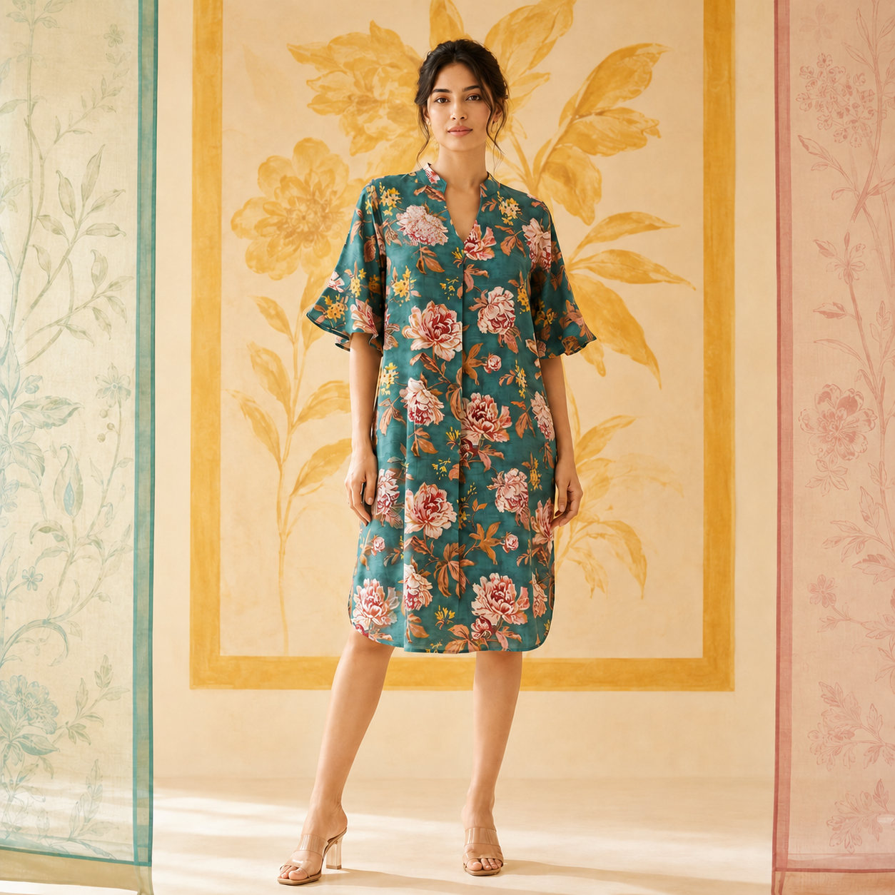 Teal Floral Sequin embroidered Cotton Dress