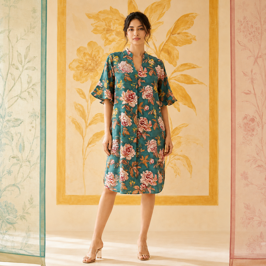 Teal Floral Sequin embroidered Cotton Dress