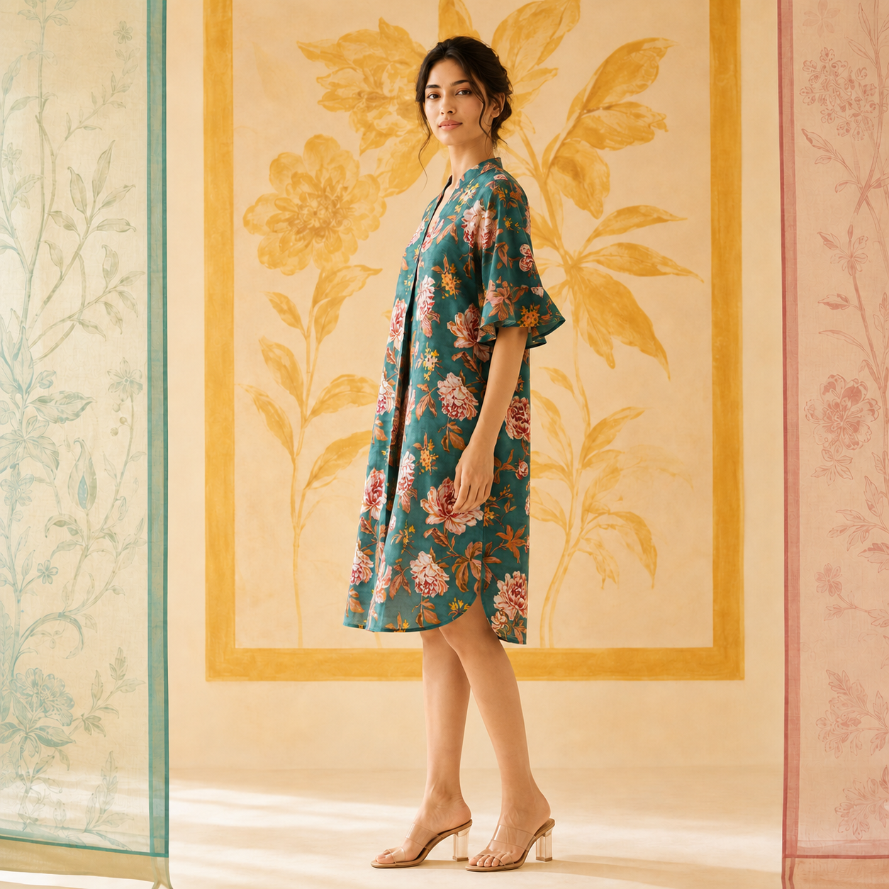 Teal Floral Sequin embroidered Cotton Dress