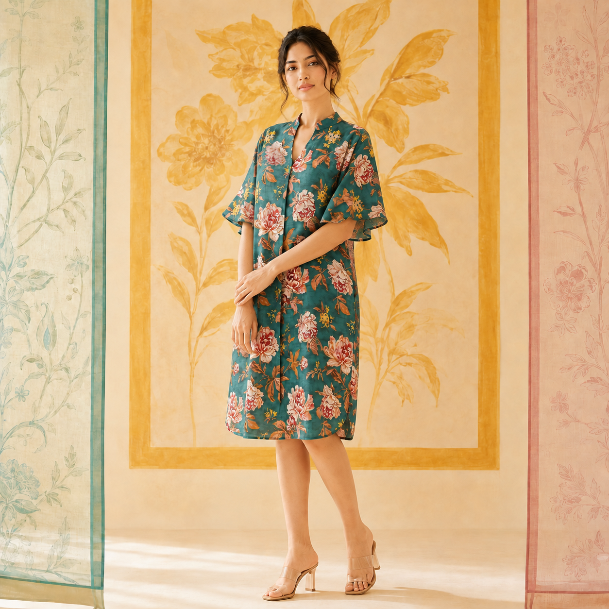 Teal Floral Sequin embroidered Cotton Dress