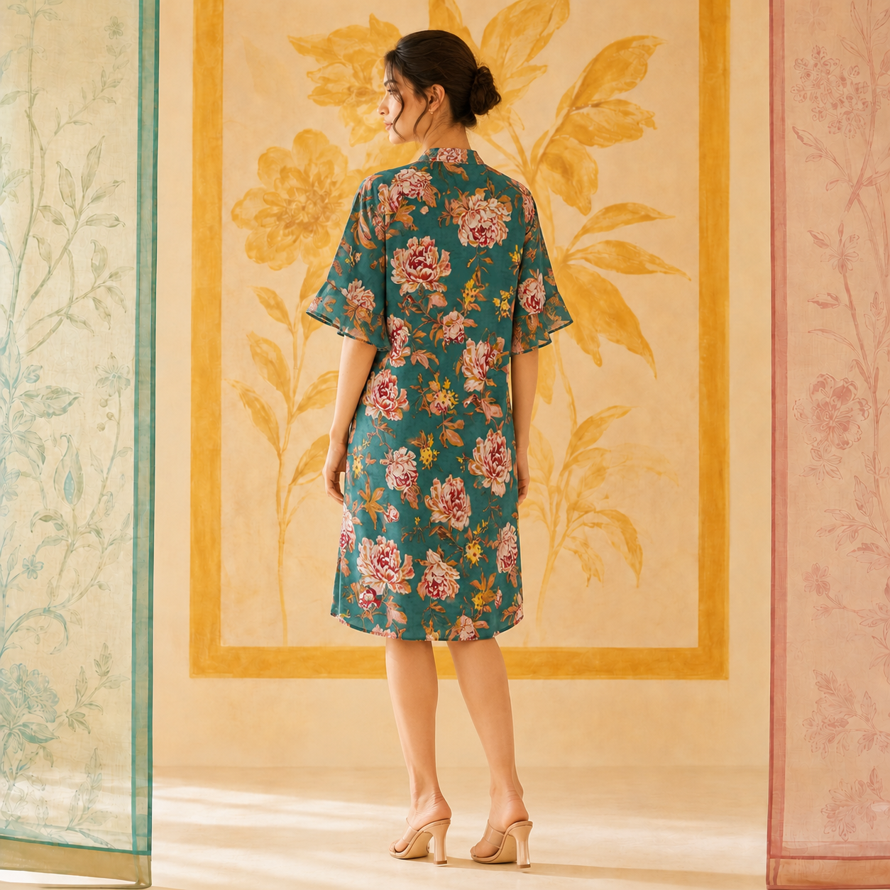 Teal Floral Sequin embroidered Cotton Dress