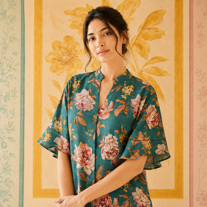 Teal Floral Sequin embroidered Cotton Dress
