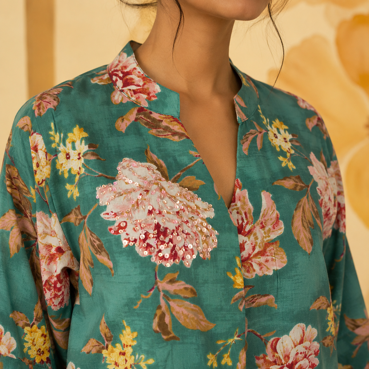 Teal Floral Sequin embroidered Cotton Dress