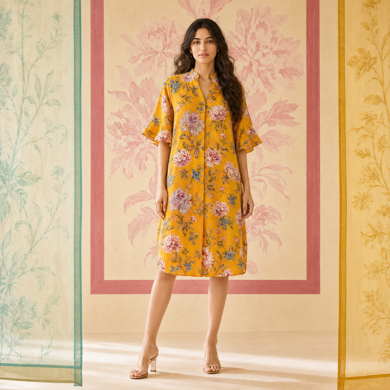Yellow Floral Sequin embroidered Cotton Dress