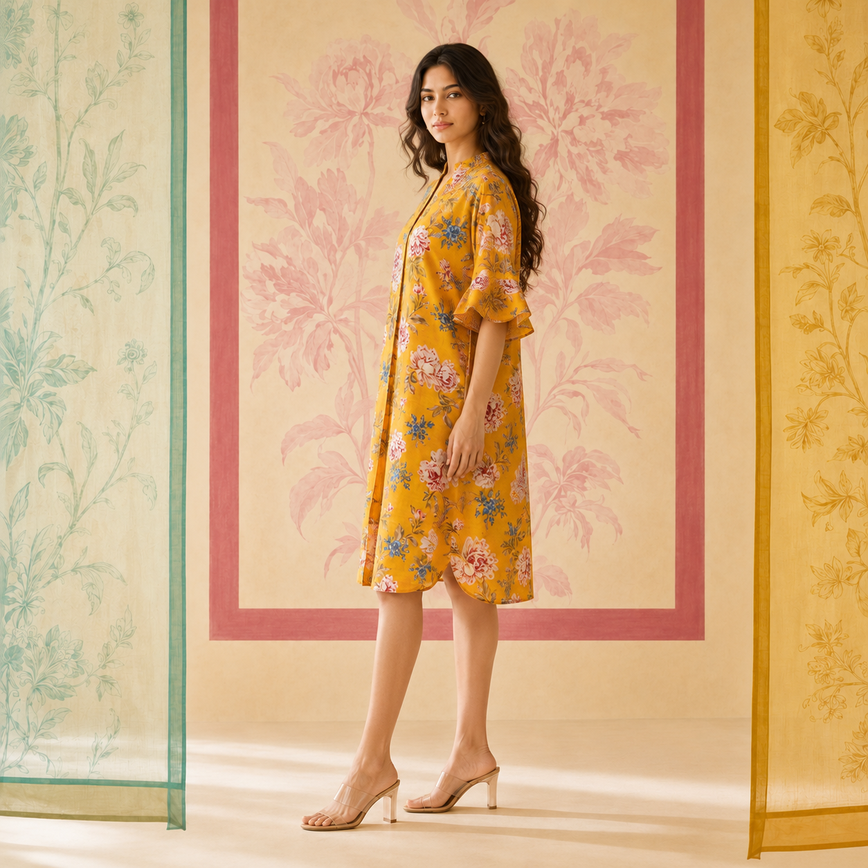 Yellow Floral Sequin embroidered Cotton Dress