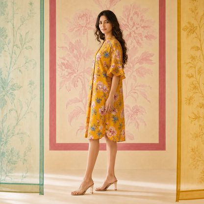 Yellow Floral Sequin embroidered Cotton Dress