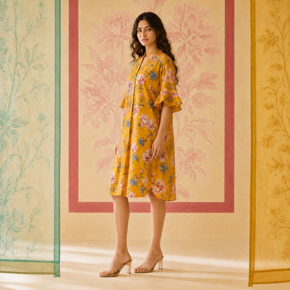 Yellow Floral Sequin embroidered Cotton Dress