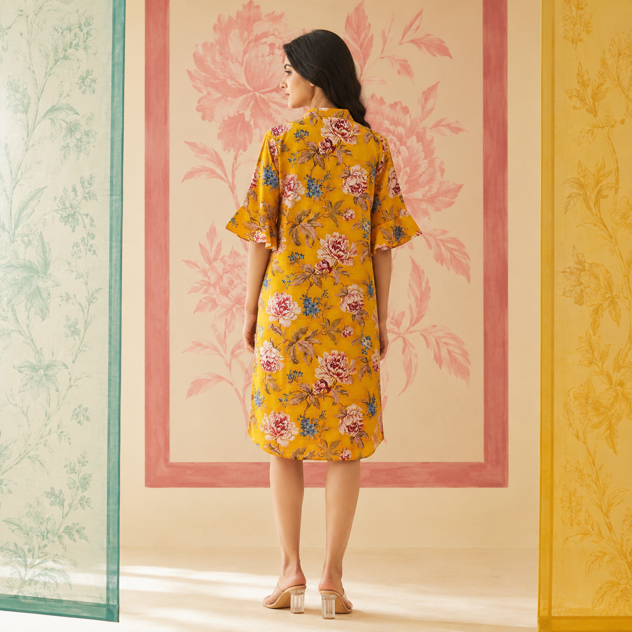 Yellow Floral Sequin embroidered Cotton Dress