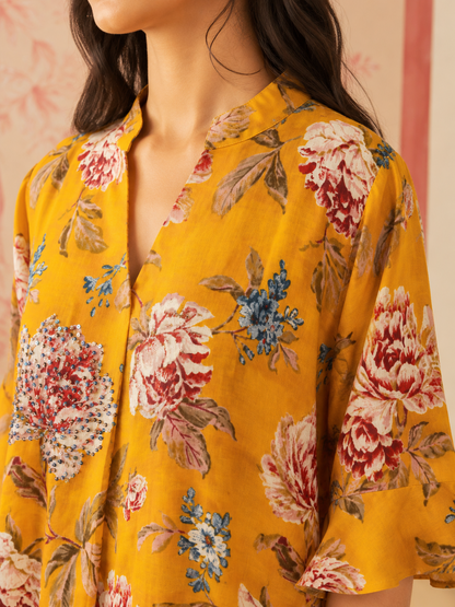 Yellow Floral Sequin embroidered Cotton Dress