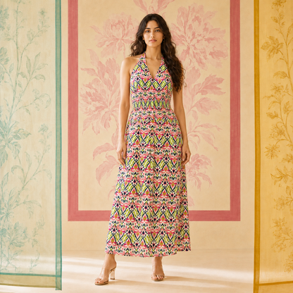 Multicolored Ikat Halter Neck Dress