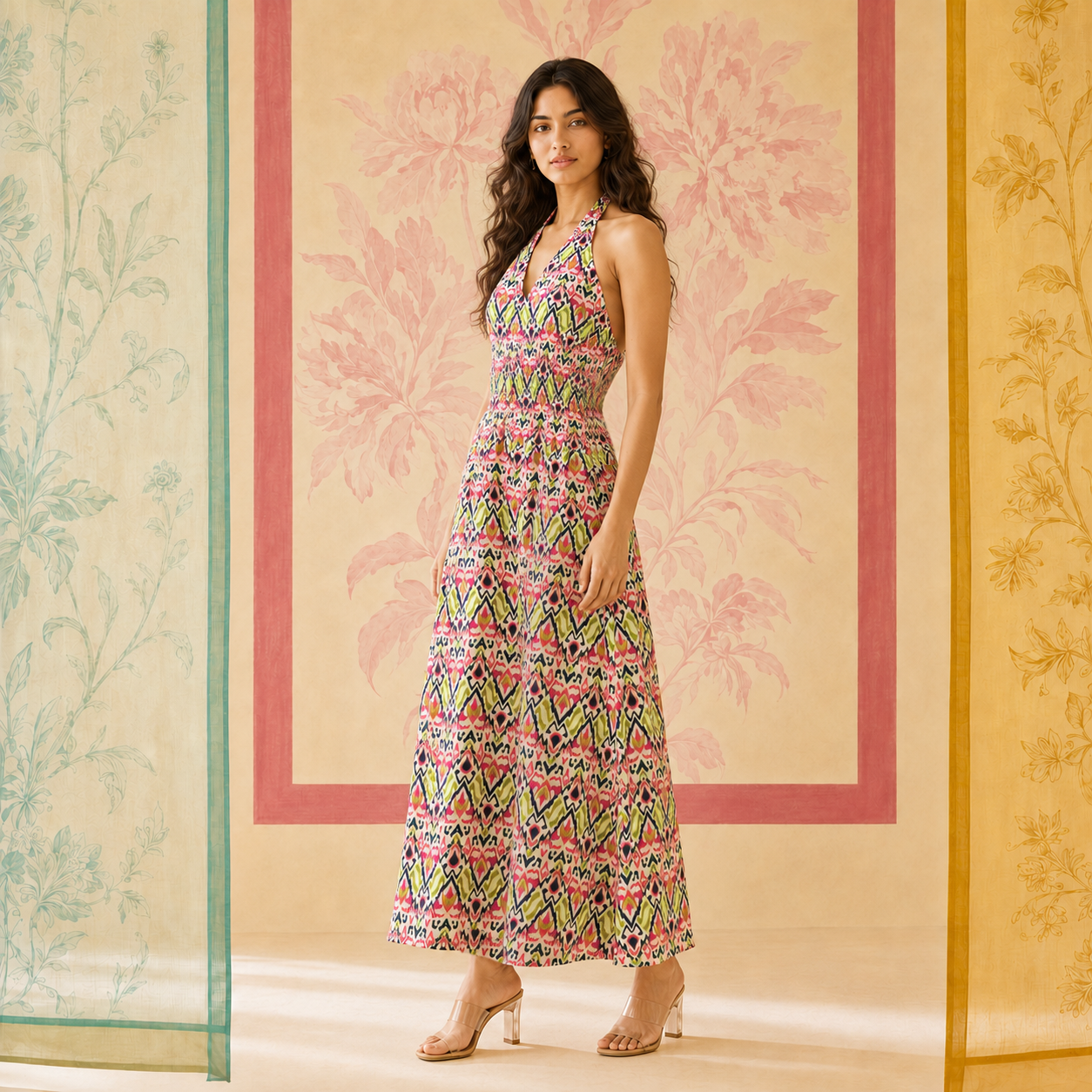 Multicolored Ikat Halter Neck Dress