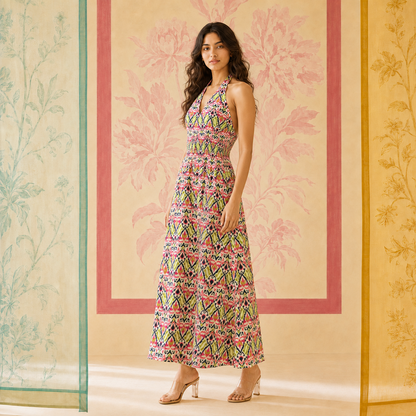 Multicolored Ikat Halter Neck Dress